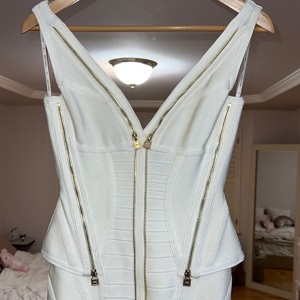 Vintage Herve Leger White Plunge Bandage dress Gold zippers - Picture 2 of 5
